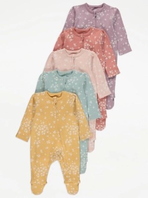 Pink Floral Print Zip Up Sleepsuits 5 Pack Baby at ASDA