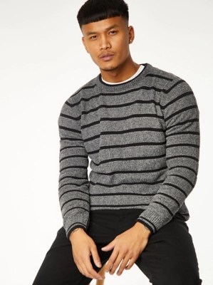 Grey Striped Crew Neck Jumper Men at ASDA