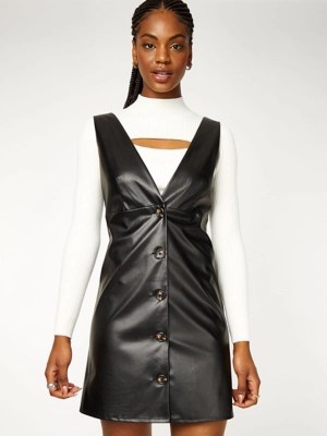 Black Leather Effect Button Front Pinafore Dress Women at ASDA