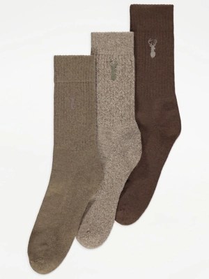 Stag Emblem Knitted Ankle Socks 3 Pack Men at ASDA