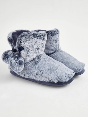 Blue Furry Pom Pom Slipper Boots Women at ASDA