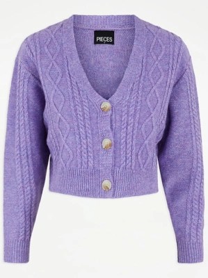 PIECES Purple Cable Knit Cropped Cardigan Women at ASDA