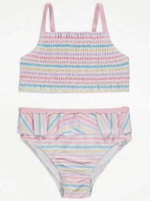 Rainbow Stripe Shirred Bikini Top and Bottoms Set Kids at ASDA