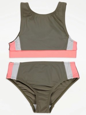 Khaki Taped Bikini Top and Bottoms Set Kids at ASDA
