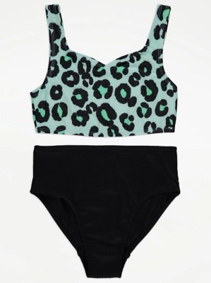 Green Leopard Print Bikini Top and Bottoms Set Kids at ASDA