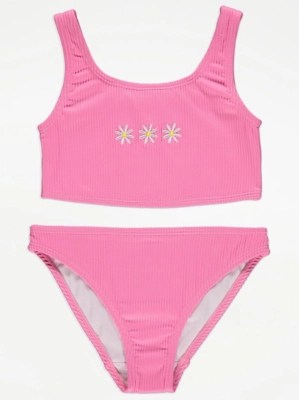 Pink Daisy Ribbed Bikini Top and Bottoms Set Kids at ASDA