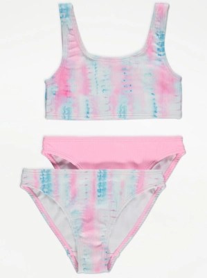 Pink Tie Dye Print Bikini Top and Bottoms Set Kids at ASDA