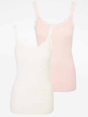 Lace Trim Ribbed Vest Tops 2 Pack Women at ASDA