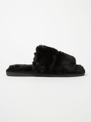 Black Faux Fur Slider Slippers Women at ASDA