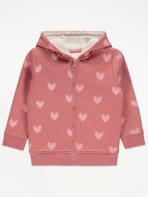 Pink Heart Print Zip Up Hoodie Kids at ASDA