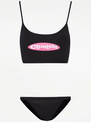 Clueless Black Crop Top and Tanga Knickers Set Women at ASDA