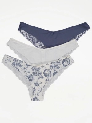 Floral Print Lace Back Brazilian Knickers 3 Pack Women at ASDA