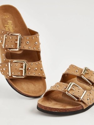 Tan Studded Double Buckle Sandals Women at ASDA