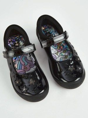 Black Light Up Patent Unicorn Shoes School at ASDA