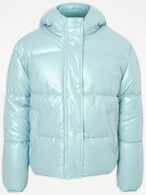 Blue Metallic Shiny Shower Resistant Padded Coat Kids at ASDA