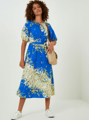 Blue Floral Print Tie Waist Midi Dress Women at ASDA