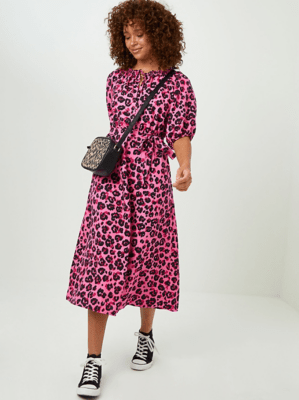 Pink Leopard Print Tie Waist Midi Dress Women at ASDA