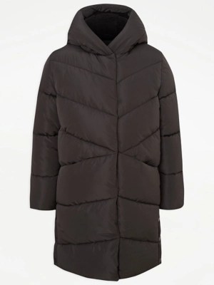 Black Padded Hooded Longline Shower Resistant Coat Kids at ASDA
