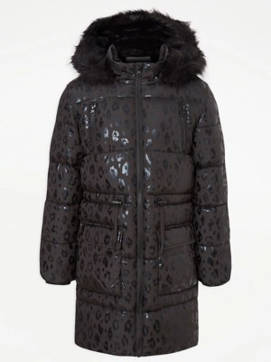 Black Leopard Print Shower Resistant Hooded Parka Coat Kids