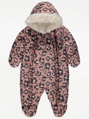 Pink Leopard Print Faux Fur Trim Snowsuit Baby at ASDA