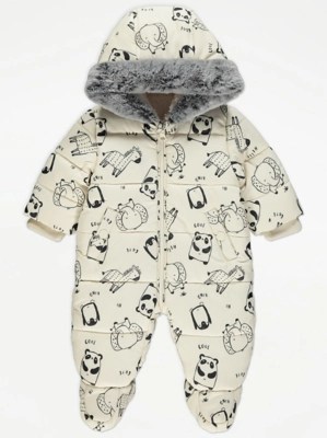 Cream Fur Trim Hooded Animal Snowsuit Baby at ASDA