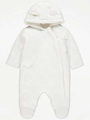 Unisex White Quilted Pramsuit Baby at ASDA