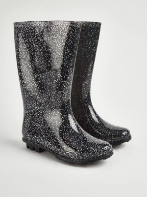 Black Glitter Wellington Boots Kids at ASDA