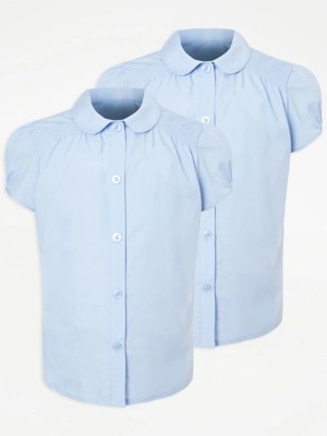 Girls Light Blue Short Sleeve Shirred School Blouse 2 Pack School