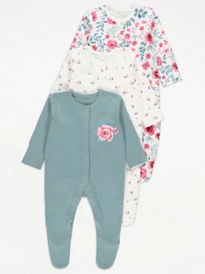 Teal Floral Rose Sleepsuits 3 Pack Baby at ASDA
