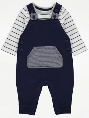 Navy Dungarees and Striped Bodysuit Outfit Baby at ASDA