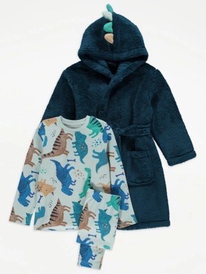 Green Fleece Dressing Gown and Dinosaur Pyjamas 3 Piece Set Kids