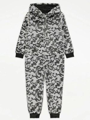 Grey Fleece Camouflage Hooded Onesie Kids at ASDA