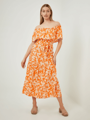 Orange Floral Print Bardot Midi Dress Women at ASDA