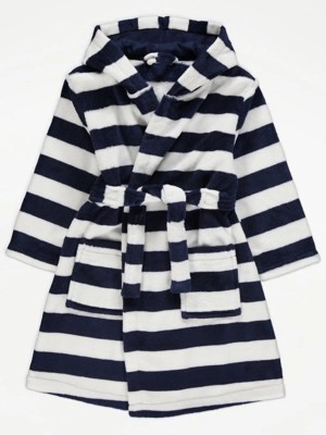 Navy Striped Fleece Dressing Gown Kids at ASDA