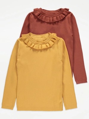Ochre Frilly Ribbed Long Sleeve Tops 2 Pack Kids at ASDA