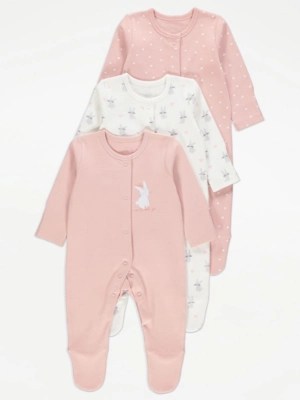 Pink Bunny Sleepsuits 3 Pack Baby at ASDA