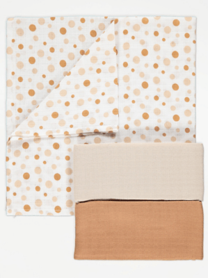 Tan Polka Dot Print Muslin Squares 3 Pack Baby at ASDA