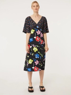 Black Assorted Floral Print Angel Sleeve Midi Dress Women at