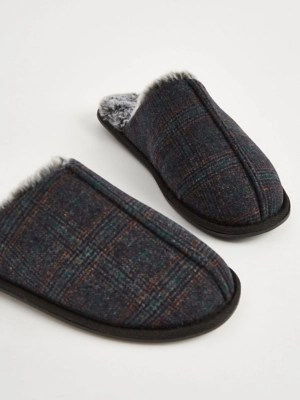 Checked Faux Fur Mule Slippers Men at ASDA