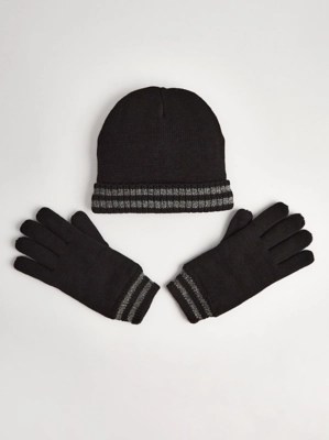 Black Striped Thinsulate Hat and Gloves Set Men at ASDA