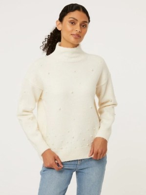 Cream Pearl Stud Knitted Jumper Women at ASDA