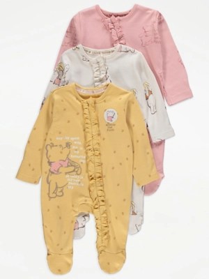 Disney Winnie The Pooh Zip Up Sleepsuits 3 Pack Baby at ASDA