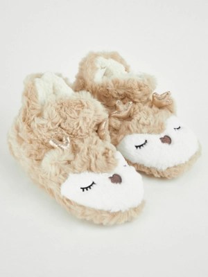 Brown Faux Fur Reindeer Slipper Boots Women at ASDA