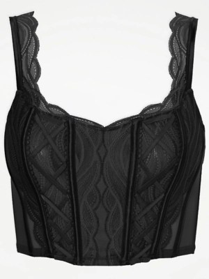 Entice Black Satin Lace Bustier Bra and Brazilian Knickers Set