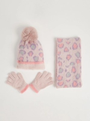 Bright Leopard Pink Hat Scarf and Gloves Set Kids at ASDA