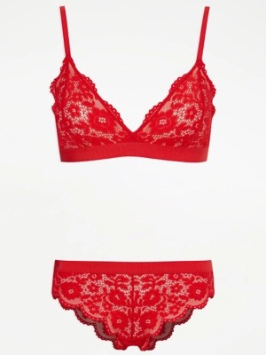 Red Lace Bralette And Knickers Set Women at ASDA