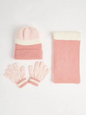 Pink Stripe Colour Block Hat Scarf and Gloves 3 Piece Set Kids