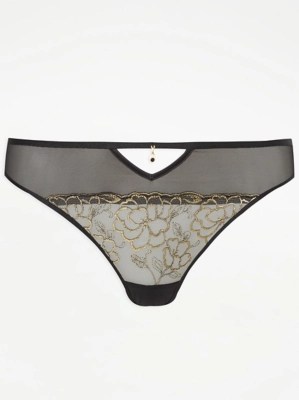 Entice Black Gold Foil Lace Thong Women at ASDA