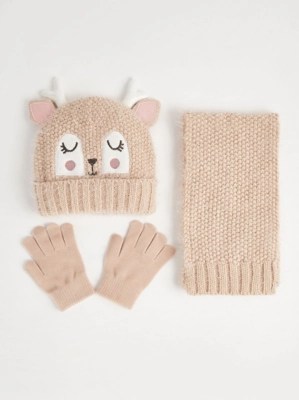 Pink Knitted Deer Hat Scarf and Gloves 3 Piece Set Kids at ASDA