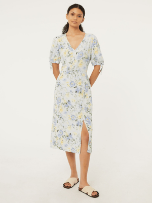 Blue Floral Print Tie Sleeve Midi Dress Women at ASDA